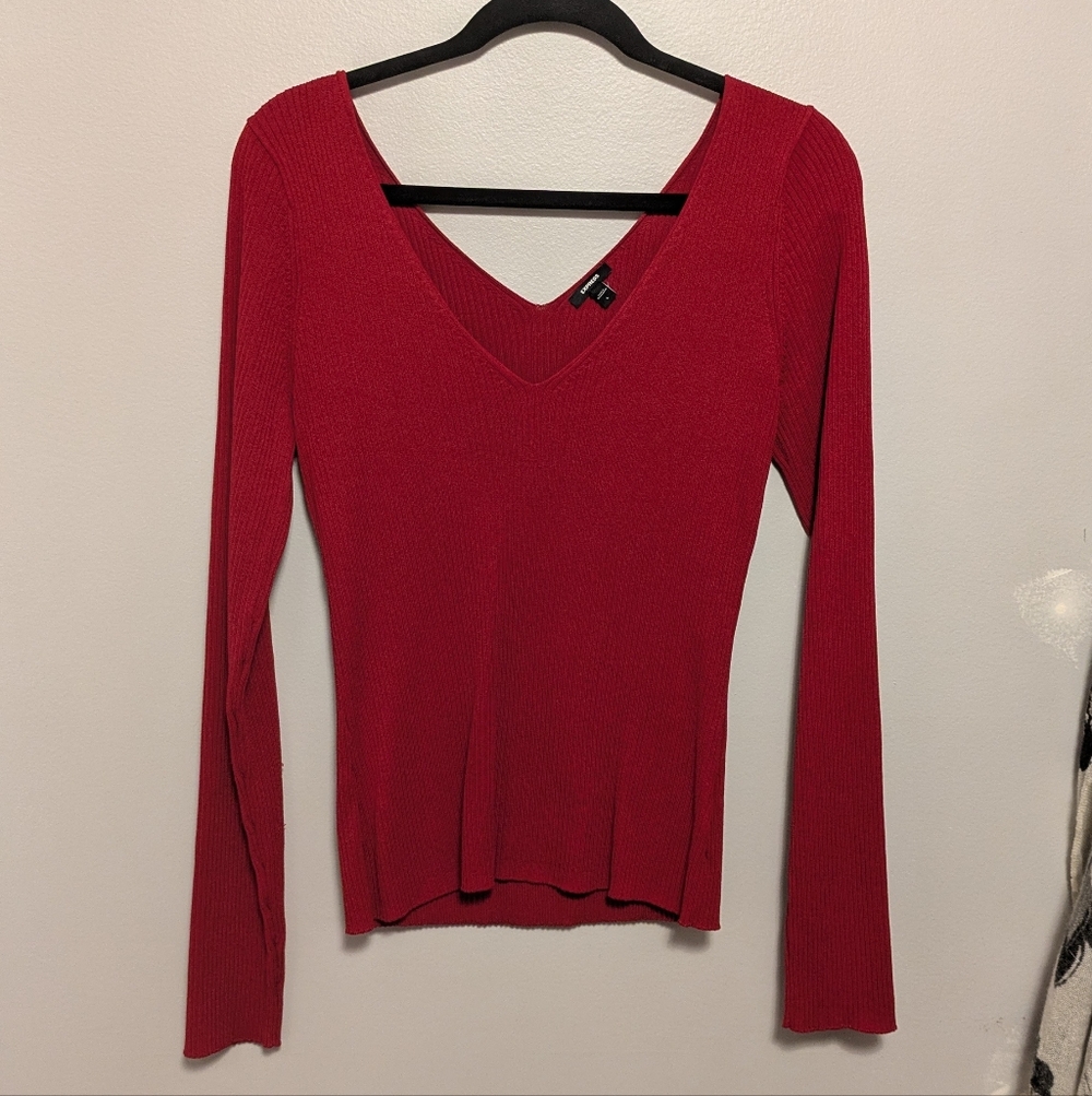 Express Red Ribbed Double V Neck Sweater